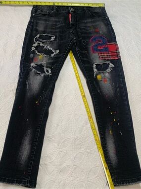DSQUARED Black Distressed Jeans with Paint Splatter Red Plaid Patch and Blue '2'